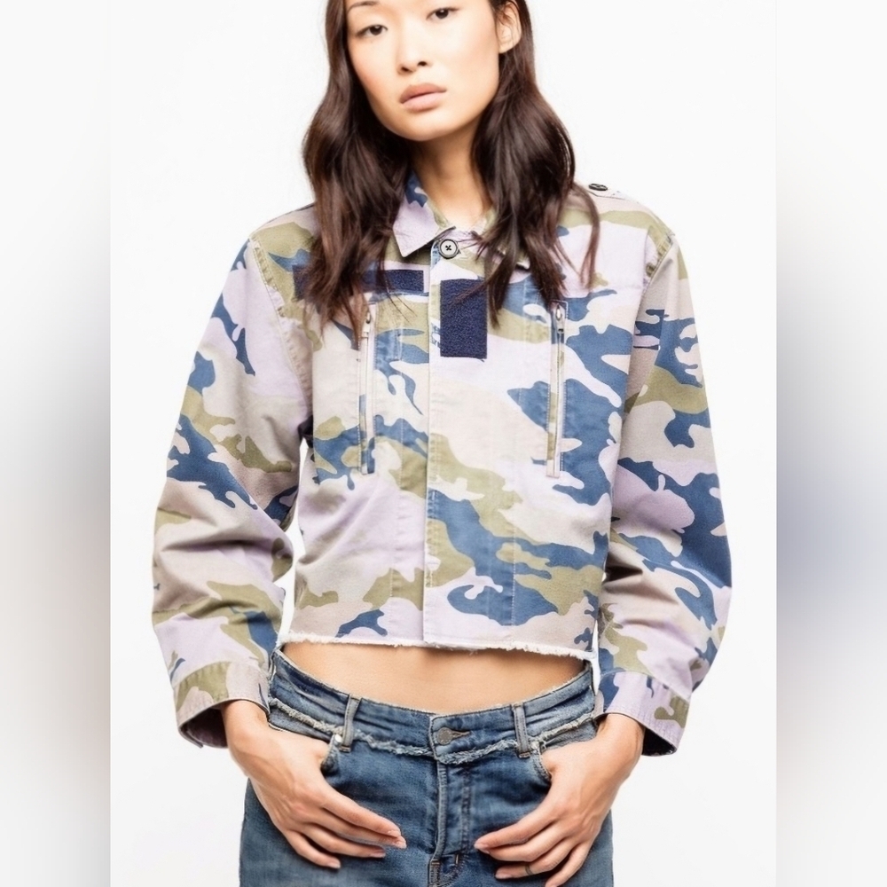 Zadig & Voltaire Cropped Camouflage Jacket, Military Style Zip Pocket Design, S